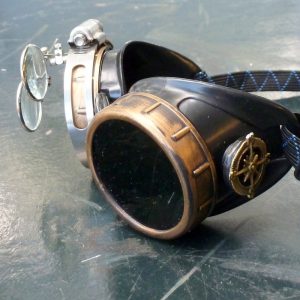 Bronze & Black Goggles: Black Lenses w/ Brass Ship's Wheel & Eye Loupe