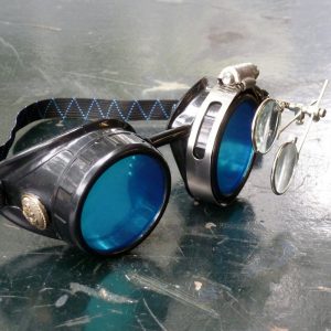 Black Goggles: Blue Lenses w/ Brass Anchors & Eye Loupe