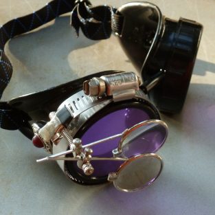 Black Goggles: Purple Lenses w/ Eye Loupe & Brownish-Red Turquoise Side Pieces