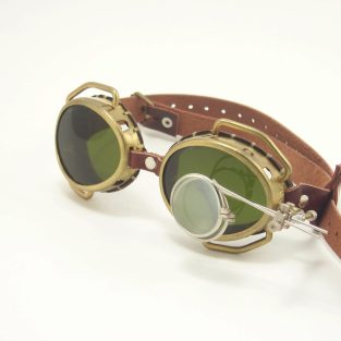 Brass Goggles: Brown Leather, Green Lenses & Eye Loupe