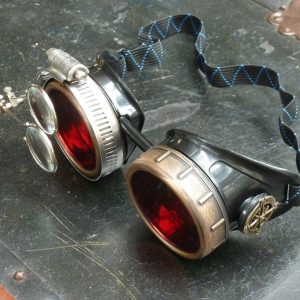 Black & Bronze Goggles: Red Lenses w/ Nickel Compass Rose & Eye Loupe