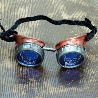 Red Copper Toned Goggles: Blue Lenses w/ Etched Cogs