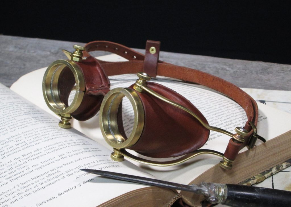Brown Leather Steampunk Goggles In Brass W Side Hinges