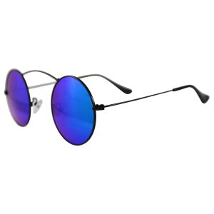 Minimal Circle Sunglasses: Arching Top Bar, Black & Aqua Blue - Side