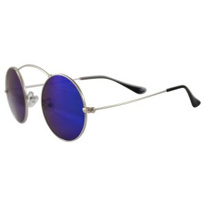 Minimal Circle Sunglasses: Arching Top Bar, Blue & Silver - Side