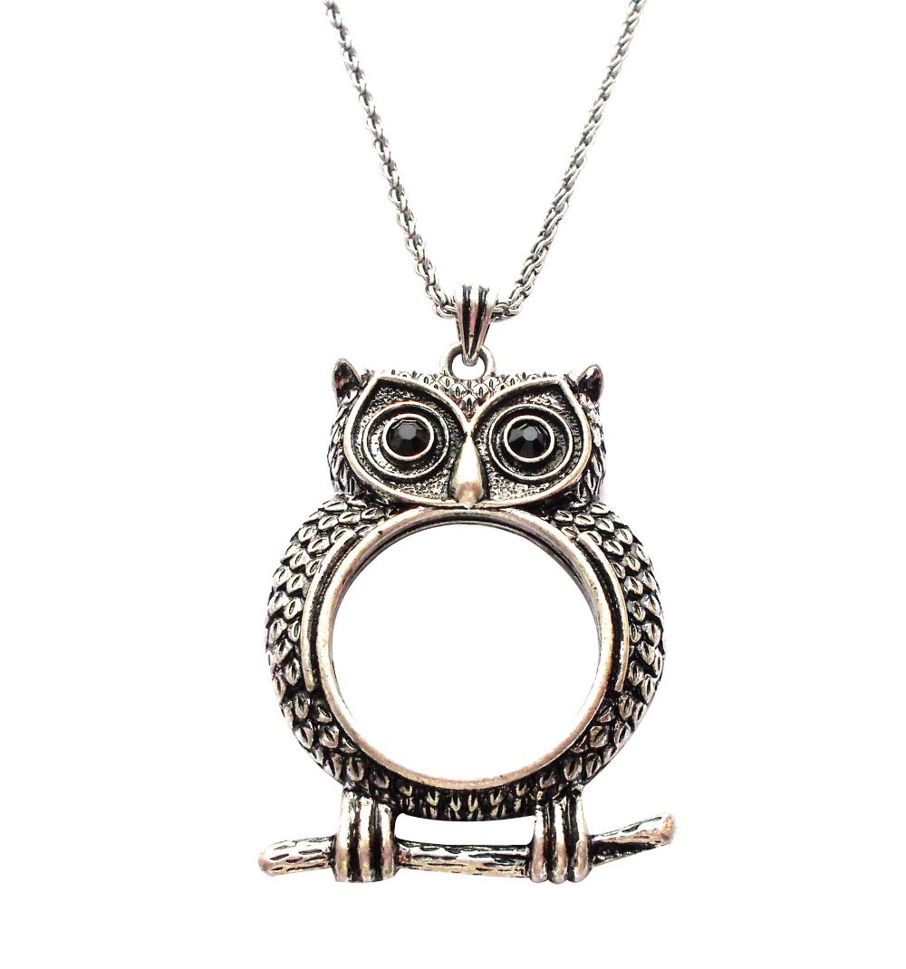 Owl Monocle Necklace - Antique Silver Tone