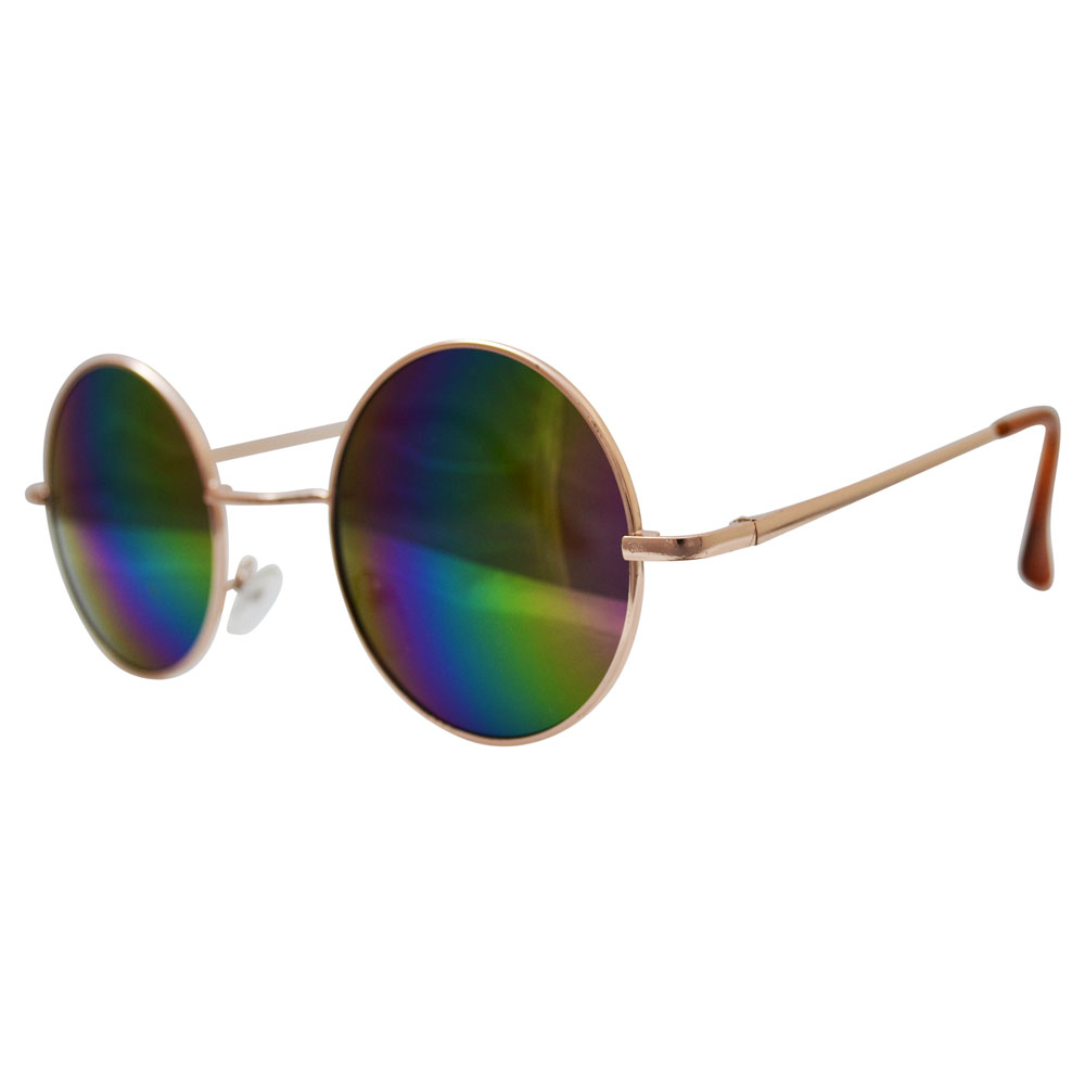 hippie peace glasses with psychadelic rainbow lenses and golden frames & beige temple covers