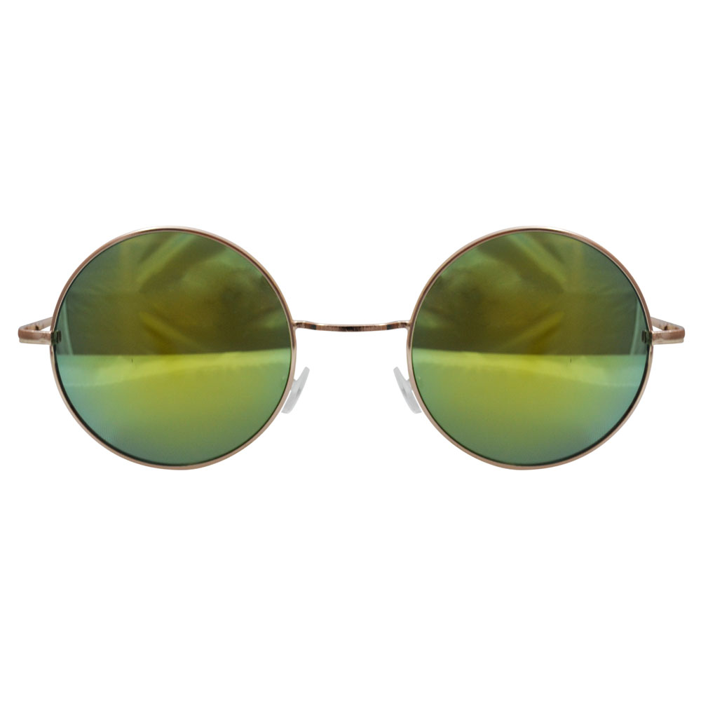 hippie peace glasses with psychadelic rainbow lenses and golden frames & beige temple covers - Front