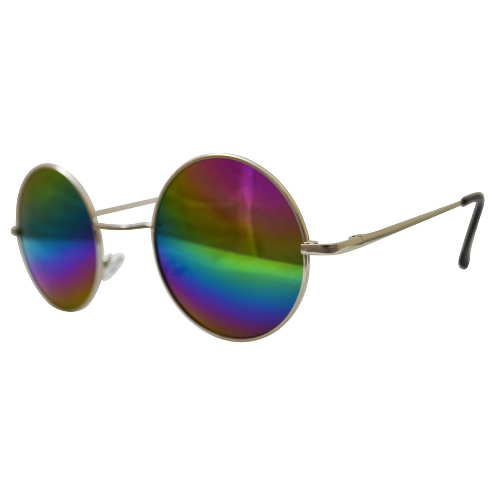 hippie peace glasses with psychadelic rainbow lenses and silver toned frames & black temple covers