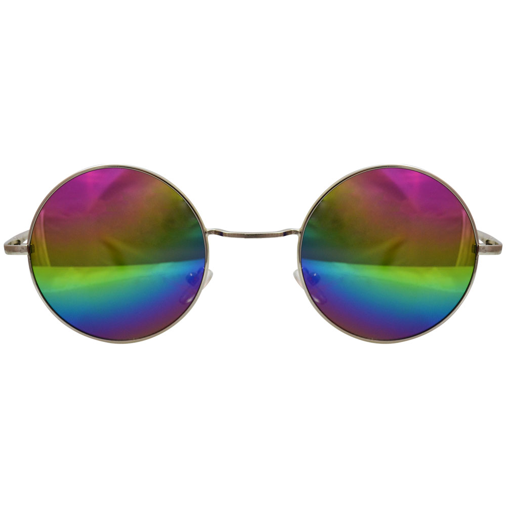 hippie peace glasses with psychadelic rainbow lenses and silver toned frames & black temple covers - Front