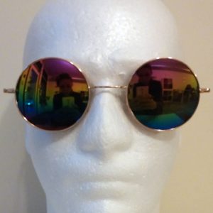 hippie peace glasses with psychadelic rainbow lenses and golden frames & beige temple covers - front