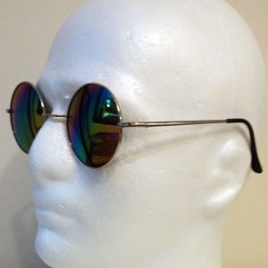 hippie peace glasses with psychadelic rainbow lenses and silver toned frames & black temple covers