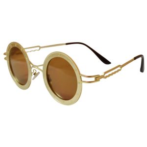 Round Steamship Construction Sunglasses With Rivets - Gold / Brown
