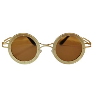 Round Steamship Construction Sunglasses With Rivets - Gold / Brown - Front