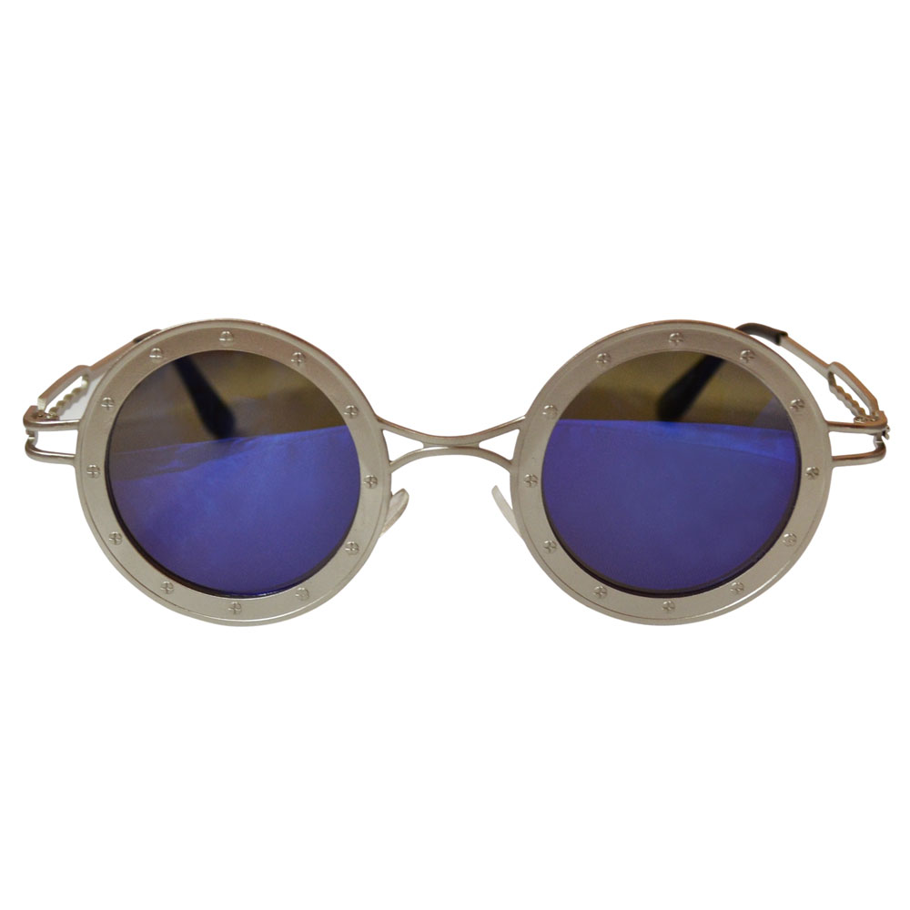 Round Steamship Construction Sunglasses With Rivets - Silver / Blue
