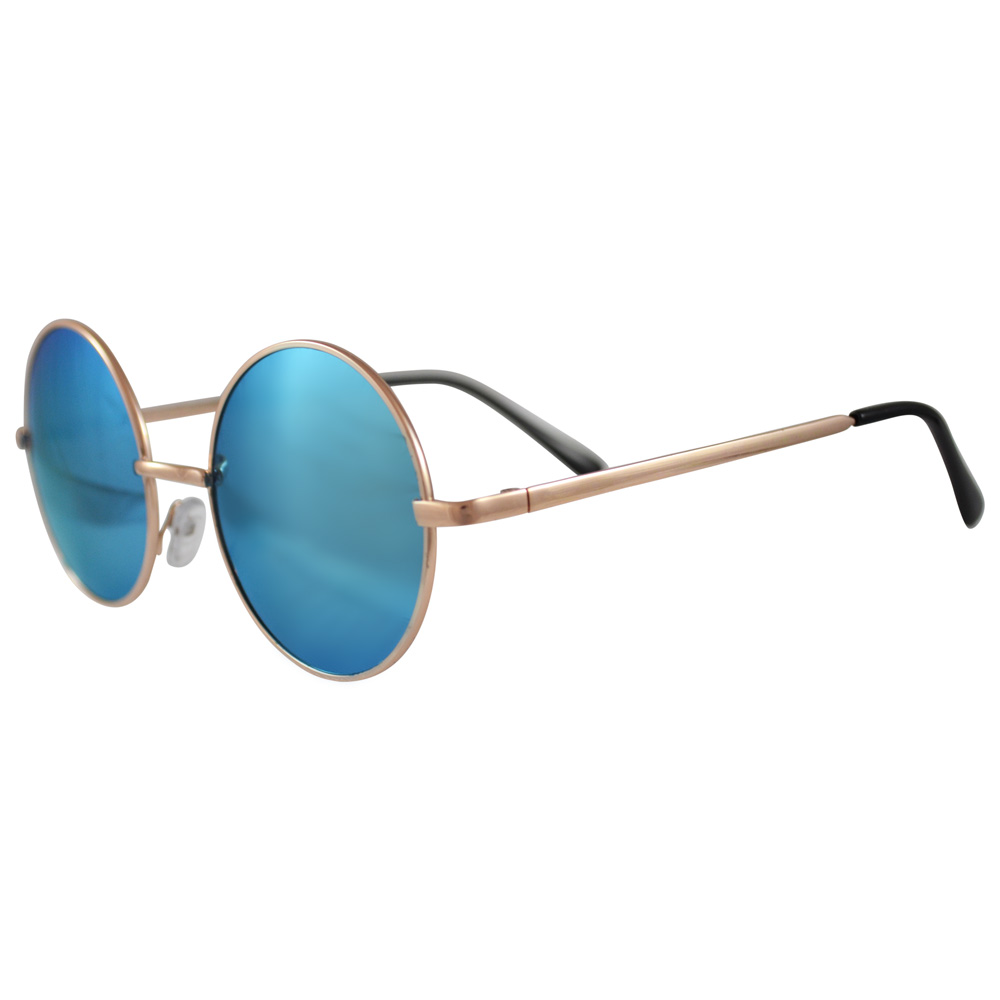 Round Aqua Blue Sunglasses With Gold Frame & Black Temple Covers