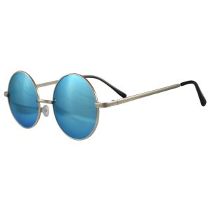Round Aqua Blue Sunglasses: Silver Frame & Black Temple Covers