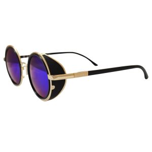 Round Sunglasses: Gold, Blue/Green Mirror Lenses, Side Shields