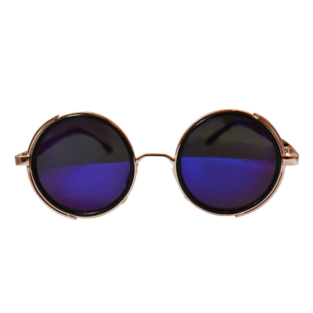 Steampunk Sunglasses: Gold w/ Blue Semi-Mirrored Lenses, Side Shields