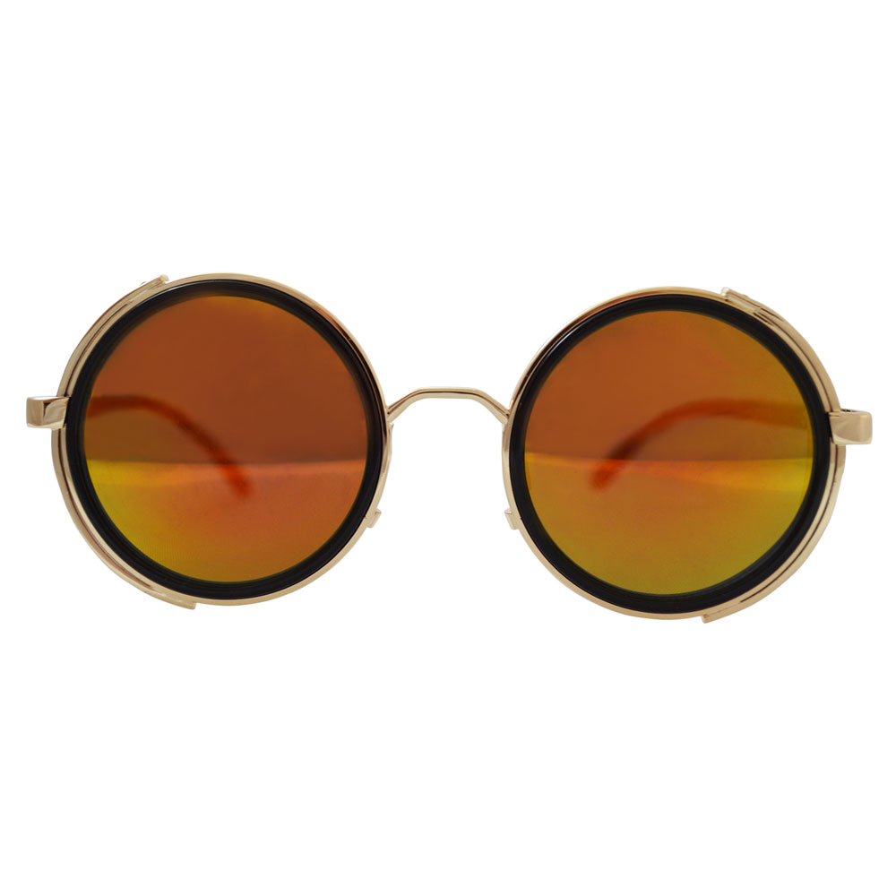 Gold sunglasses with side shields and red / gold lenses - front