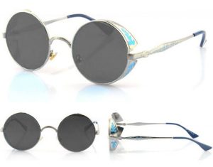 Silver Toned Sunglasses: Dark Lenses, Blue Filigree Side Shields