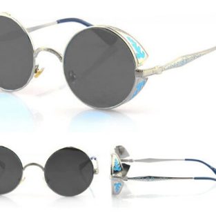 Silver Toned Sunglasses: Dark Lenses, Blue Filigree Side Shields